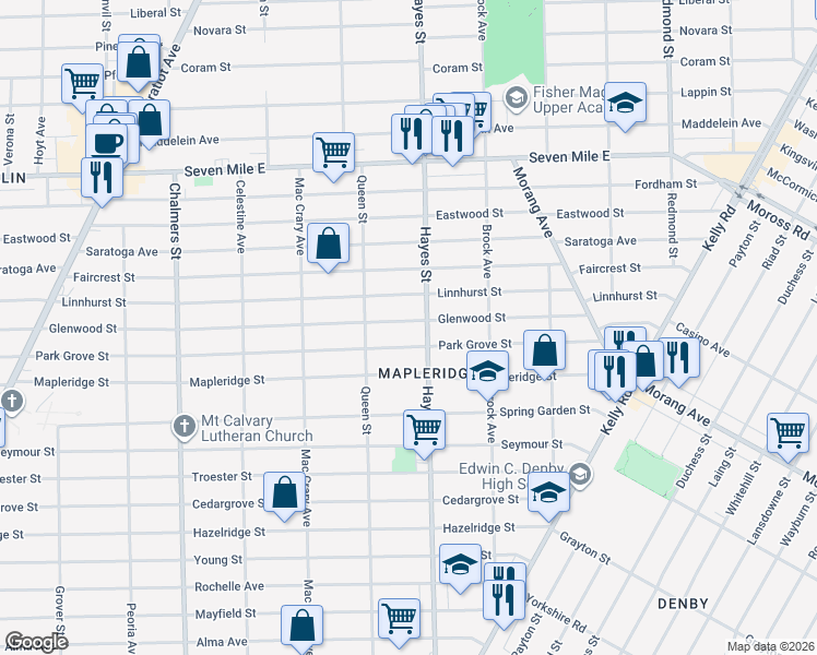 map of restaurants, bars, coffee shops, grocery stores, and more near 15066 Glenwood Street in Detroit