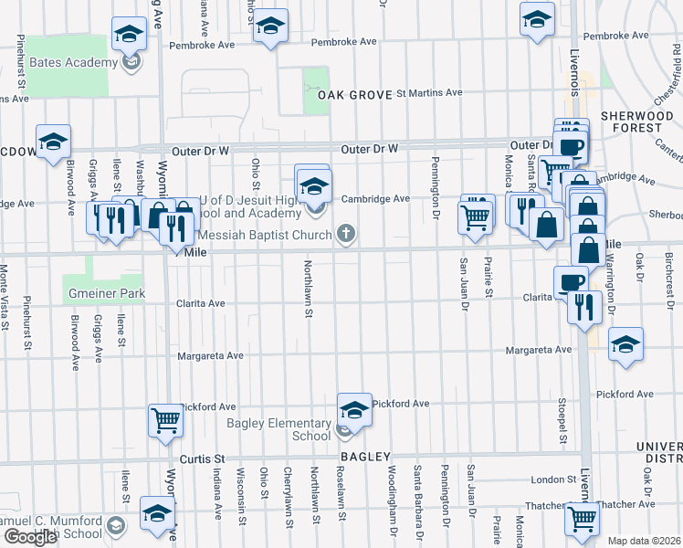 map of restaurants, bars, coffee shops, grocery stores, and more near 18952 Roselawn Street in Detroit
