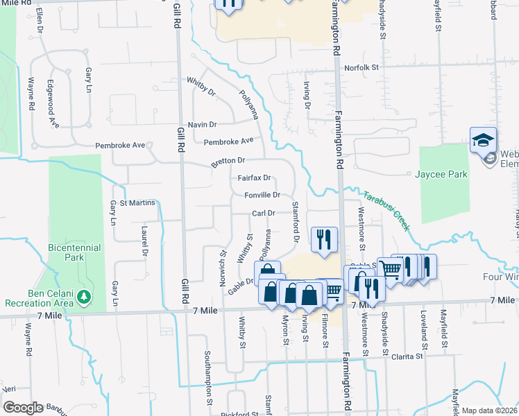 map of restaurants, bars, coffee shops, grocery stores, and more near 34012 Carl Drive in Livonia