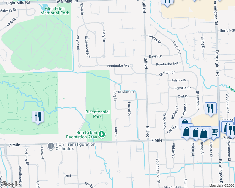 map of restaurants, bars, coffee shops, grocery stores, and more near 19643 Gary Lane in Livonia