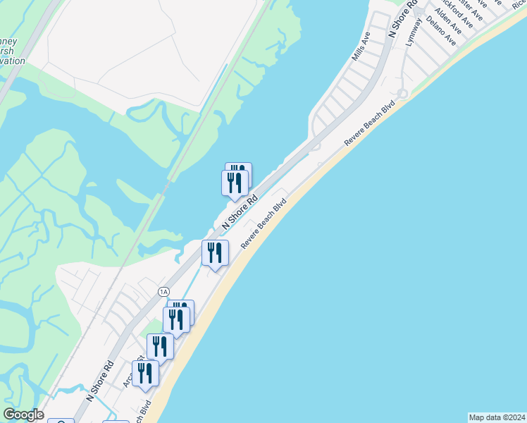 map of restaurants, bars, coffee shops, grocery stores, and more near 556 Revere Beach Blvd in Revere