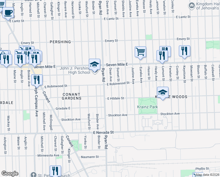 map of restaurants, bars, coffee shops, grocery stores, and more near 18642 Ryan Road in Detroit