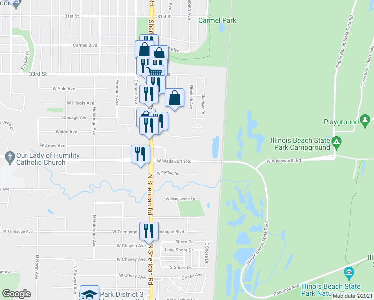 map of restaurants, bars, coffee shops, grocery stores, and more near 39197 North Sheridan Road in Beach Park