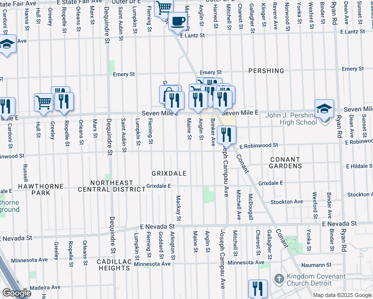 map of restaurants, bars, coffee shops, grocery stores, and more near 18803 Maine Street in Detroit