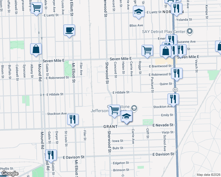 map of restaurants, bars, coffee shops, grocery stores, and more near 18626 Sherwood Street in Detroit