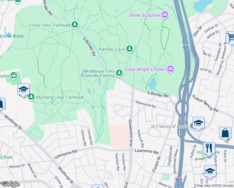 map of restaurants, bars, coffee shops, grocery stores, and more near 53 Brewster Road in Medford