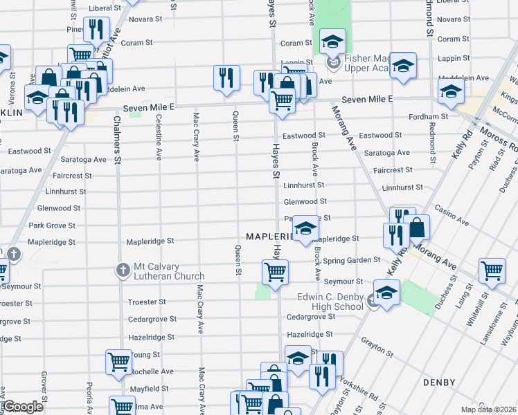 map of restaurants, bars, coffee shops, grocery stores, and more near 15066 Glenwood Street in Detroit