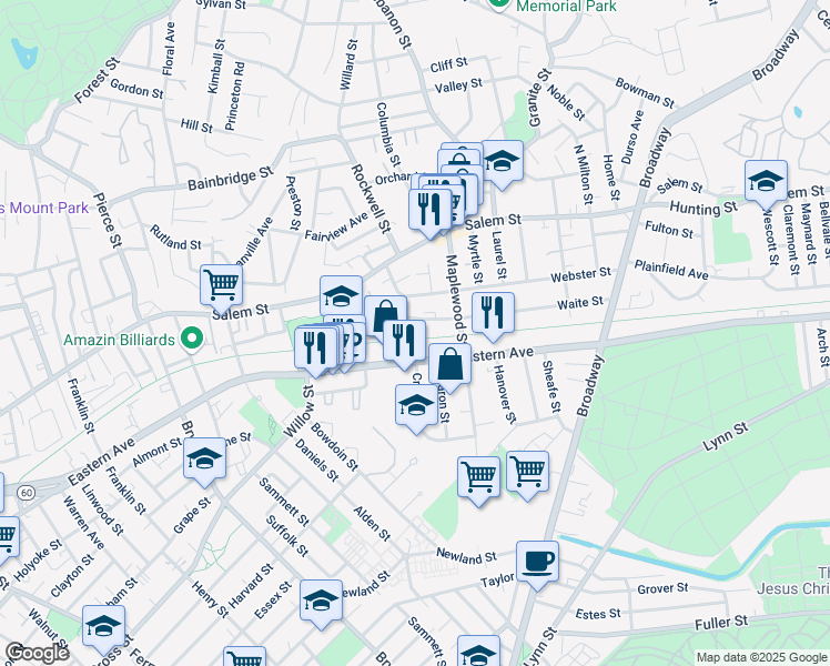 map of restaurants, bars, coffee shops, grocery stores, and more near 14 Webster Court in Malden
