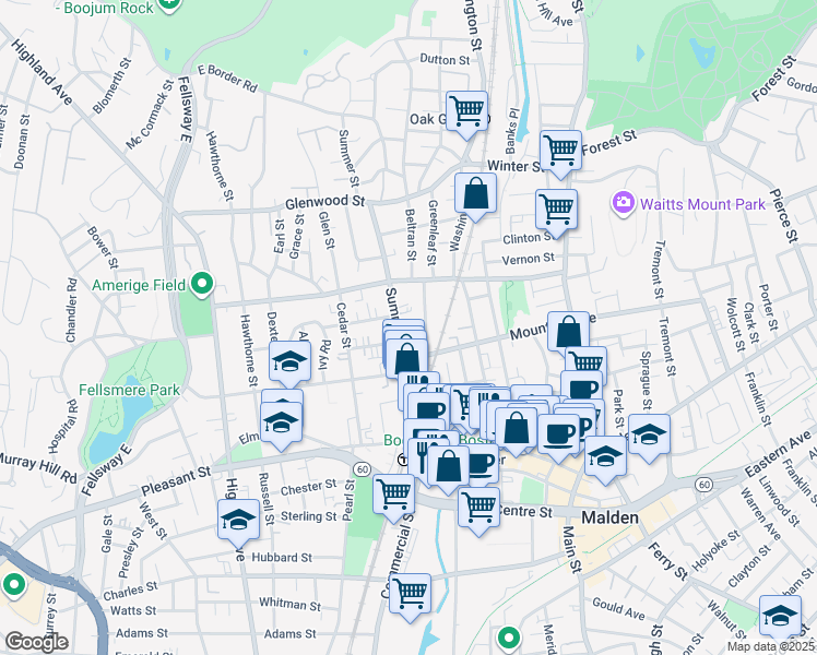 map of restaurants, bars, coffee shops, grocery stores, and more near 107 Summer Street in Malden