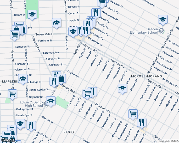 map of restaurants, bars, coffee shops, grocery stores, and more near 12590 Duchess Street in Detroit