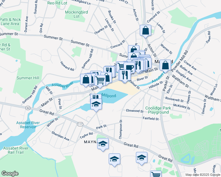 map of restaurants, bars, coffee shops, grocery stores, and more near 1 Clock Tower Place in Maynard