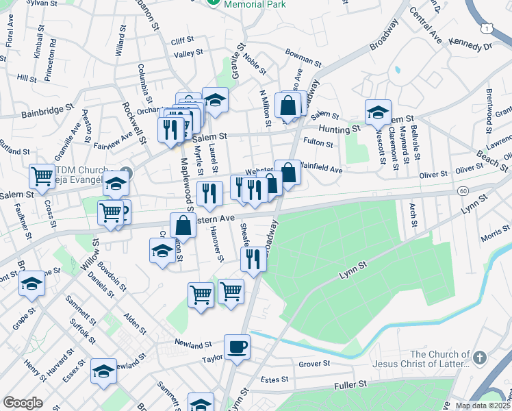 map of restaurants, bars, coffee shops, grocery stores, and more near 1012 Eastern Avenue in Malden