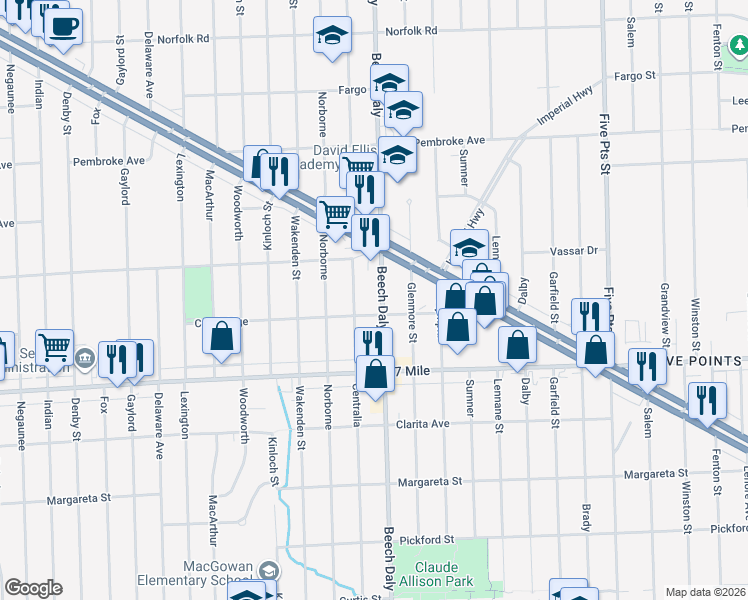 map of restaurants, bars, coffee shops, grocery stores, and more near 19316 Centralia in Redford Charter Township