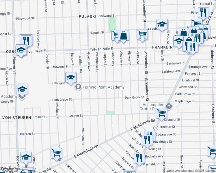 map of restaurants, bars, coffee shops, grocery stores, and more near 18472 Fairport Street in Detroit