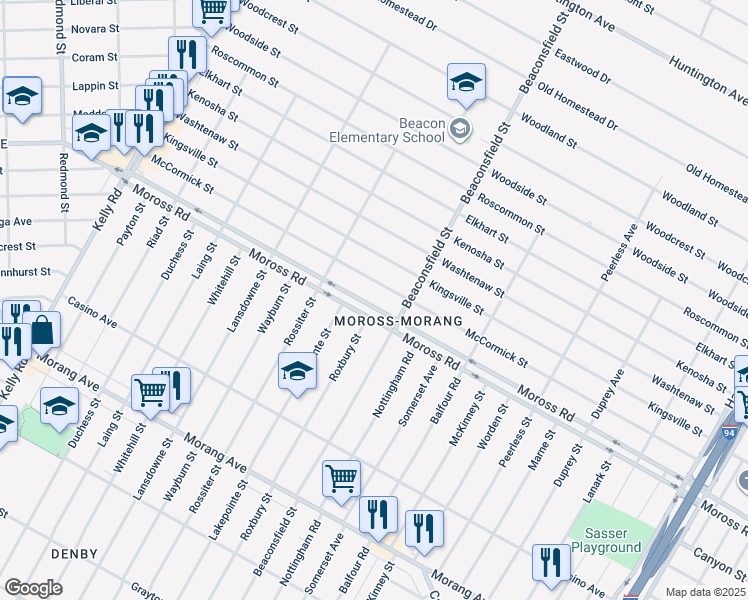 map of restaurants, bars, coffee shops, grocery stores, and more near 19439 Moross Road in Detroit