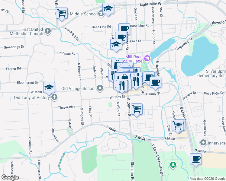 map of restaurants, bars, coffee shops, grocery stores, and more near 215 West Main Street in Northville