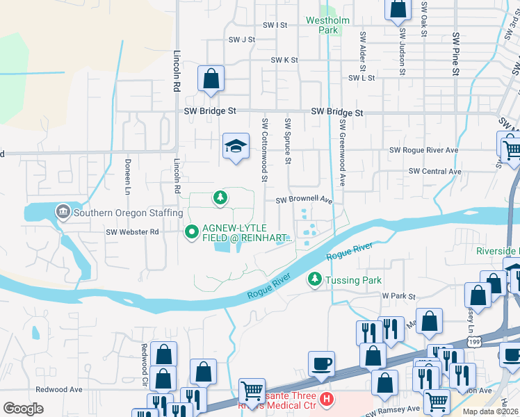map of restaurants, bars, coffee shops, grocery stores, and more near 1209 Southwest Cottonwood Street in Grants Pass