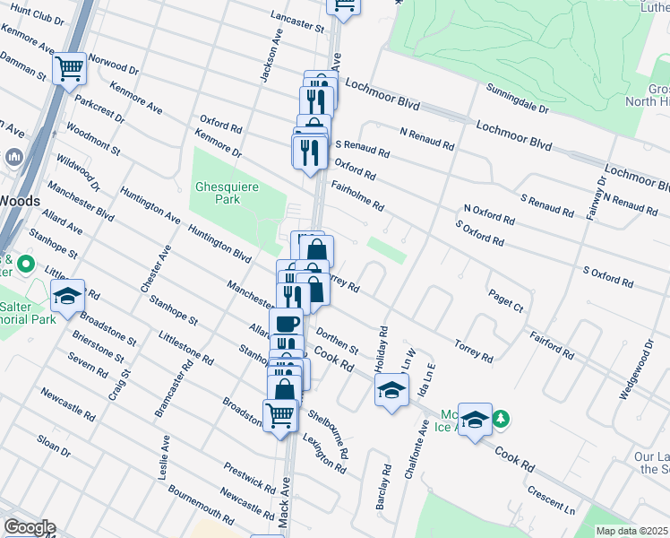 map of restaurants, bars, coffee shops, grocery stores, and more near 1610 Torrey Road in Grosse Pointe Woods