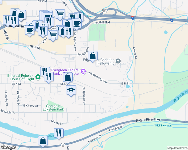 map of restaurants, bars, coffee shops, grocery stores, and more near Northeast Spalding Avenue in Grants Pass