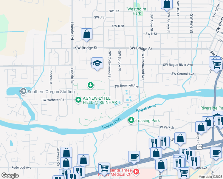 map of restaurants, bars, coffee shops, grocery stores, and more near 1209 Southwest Cottonwood Street in Grants Pass