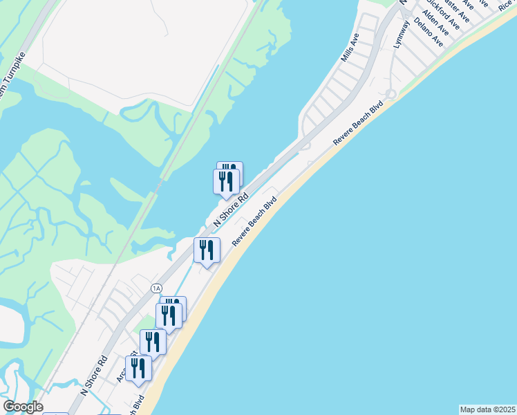 map of restaurants, bars, coffee shops, grocery stores, and more near 556 Revere Beach Boulevard in Revere