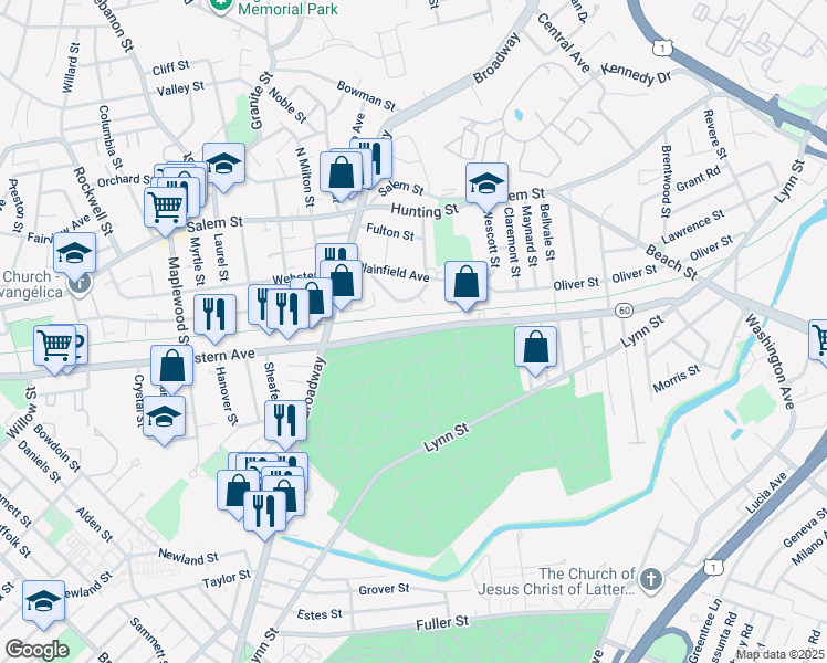 map of restaurants, bars, coffee shops, grocery stores, and more near 1107-1243 Eastern Avenue in Malden