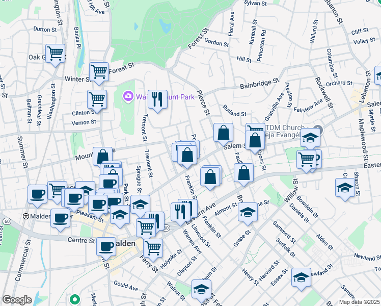 map of restaurants, bars, coffee shops, grocery stores, and more near 23-25 Wolcott Street in Malden
