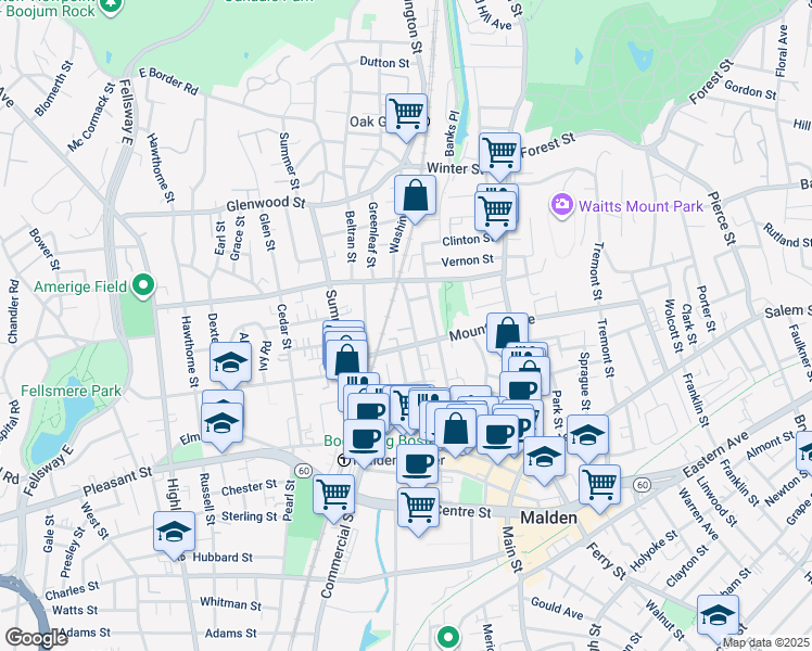 map of restaurants, bars, coffee shops, grocery stores, and more near 11 Washington Place in Malden