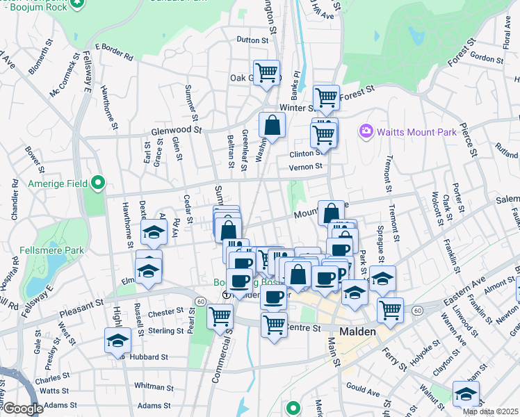 map of restaurants, bars, coffee shops, grocery stores, and more near 11 Washington Place in Malden