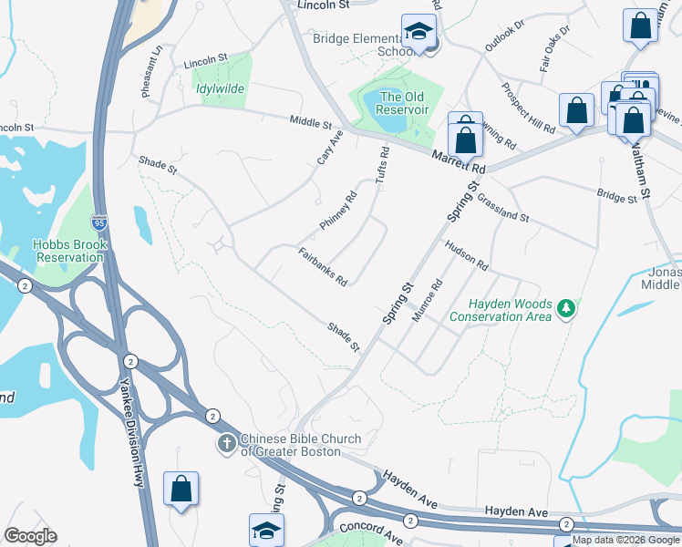 map of restaurants, bars, coffee shops, grocery stores, and more near 23 Fairbanks Road in Lexington