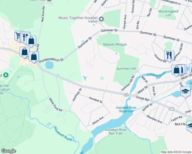 map of restaurants, bars, coffee shops, grocery stores, and more near 10 Great Road in Maynard
