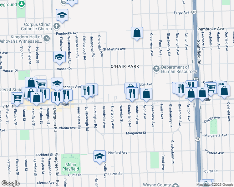 map of restaurants, bars, coffee shops, grocery stores, and more near in Detroit