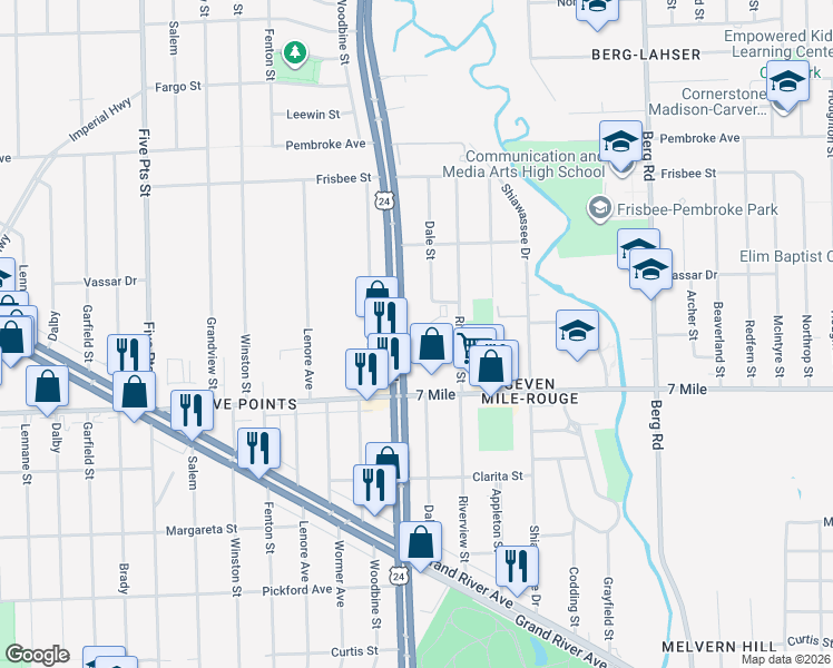 map of restaurants, bars, coffee shops, grocery stores, and more near 19248 Telegraph Road in Detroit