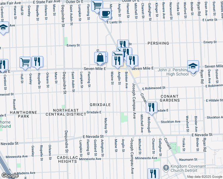 map of restaurants, bars, coffee shops, grocery stores, and more near 18803 Maine Street in Detroit