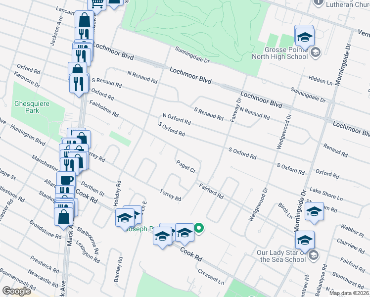 map of restaurants, bars, coffee shops, grocery stores, and more near 1180 Fairholme Road in Grosse Pointe Woods