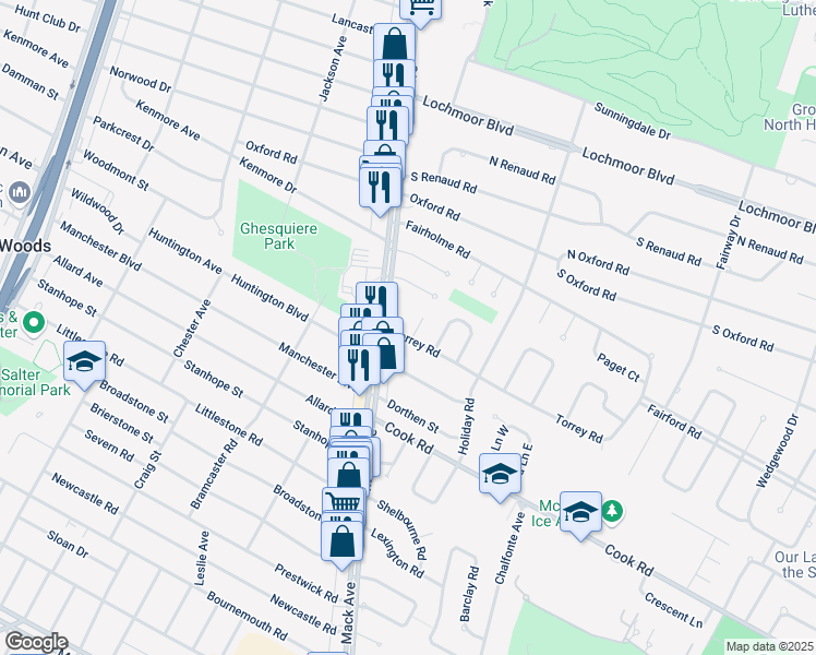 map of restaurants, bars, coffee shops, grocery stores, and more near 1610 Torrey Road in Grosse Pointe Woods