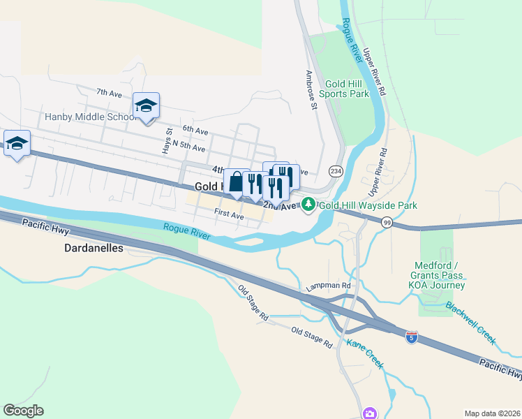 map of restaurants, bars, coffee shops, grocery stores, and more near 319 First Avenue in Central Point