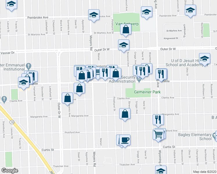 map of restaurants, bars, coffee shops, grocery stores, and more near 18988 Monte Vista Street in Detroit