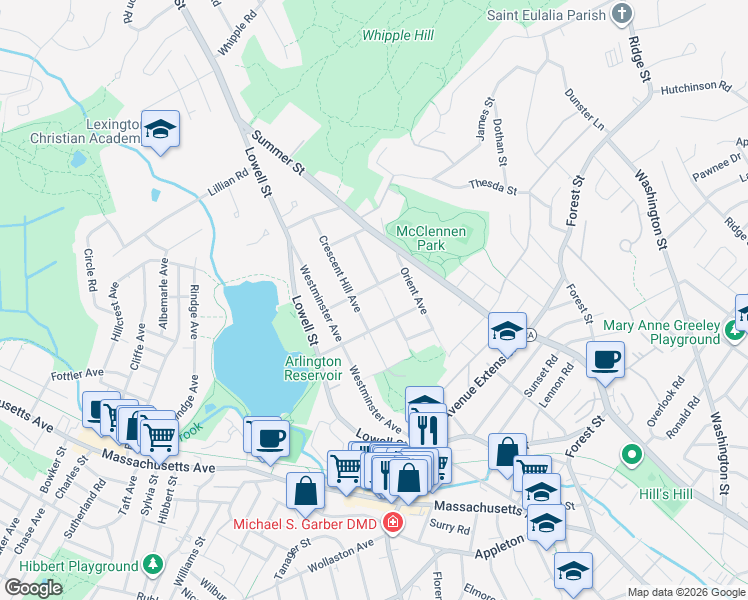 map of restaurants, bars, coffee shops, grocery stores, and more near 104 Madison Avenue in Arlington