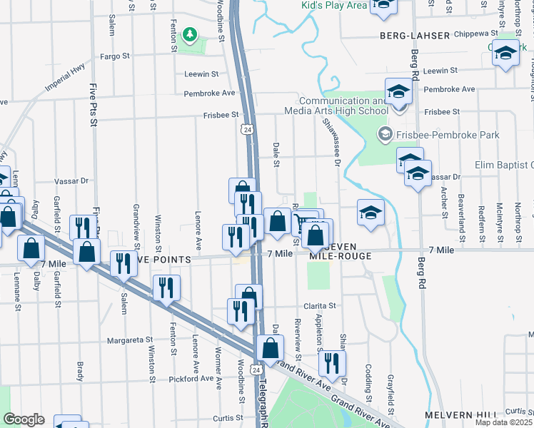 map of restaurants, bars, coffee shops, grocery stores, and more near 19248 Telegraph Road in Detroit