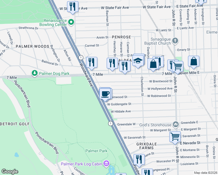 map of restaurants, bars, coffee shops, grocery stores, and more near 662 West Hollywood Avenue in Detroit