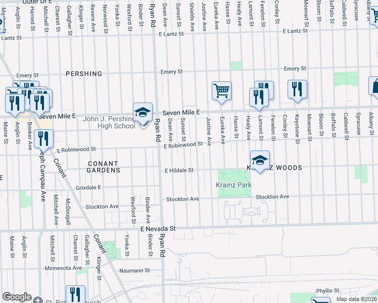 map of restaurants, bars, coffee shops, grocery stores, and more near 18676 Sunset Street in Detroit