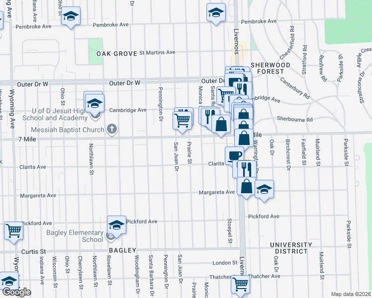 map of restaurants, bars, coffee shops, grocery stores, and more near 18954 San Juan Drive in Detroit