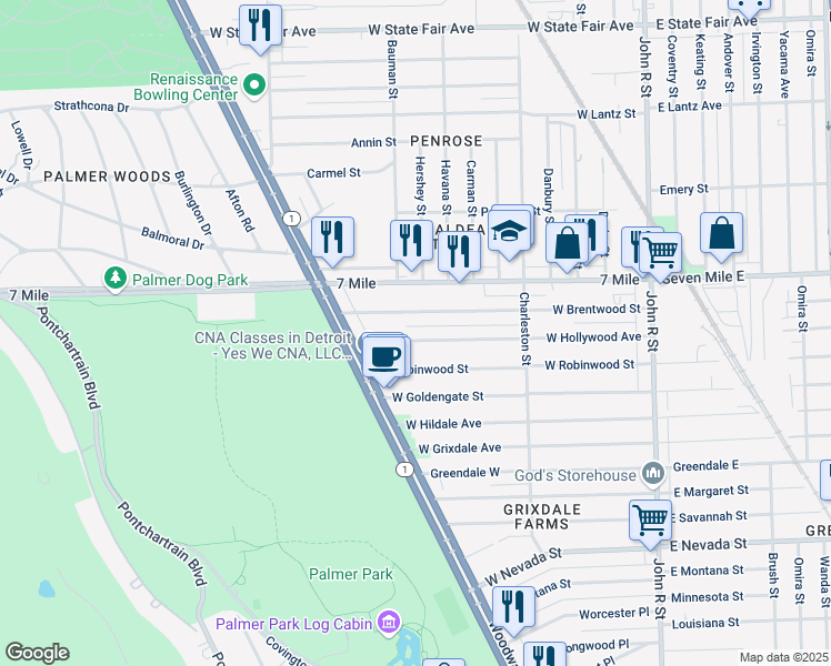 map of restaurants, bars, coffee shops, grocery stores, and more near 663 West Hollywood Avenue in Detroit