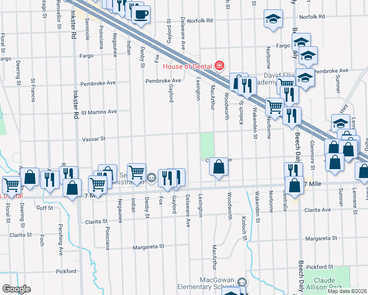map of restaurants, bars, coffee shops, grocery stores, and more near 19347 Delaware in Redford Charter Township
