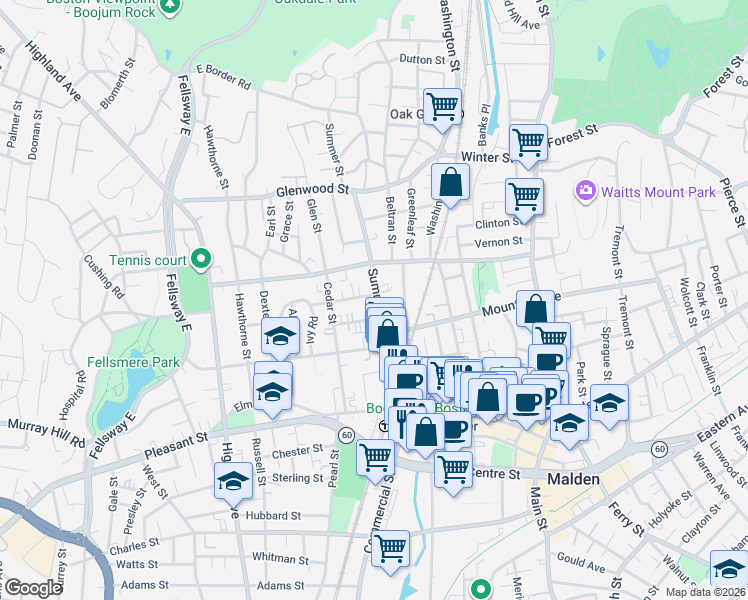 map of restaurants, bars, coffee shops, grocery stores, and more near 120 Summer Street in Malden