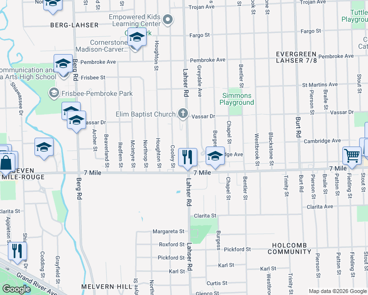 map of restaurants, bars, coffee shops, grocery stores, and more near 19199 Lahser Road in Detroit