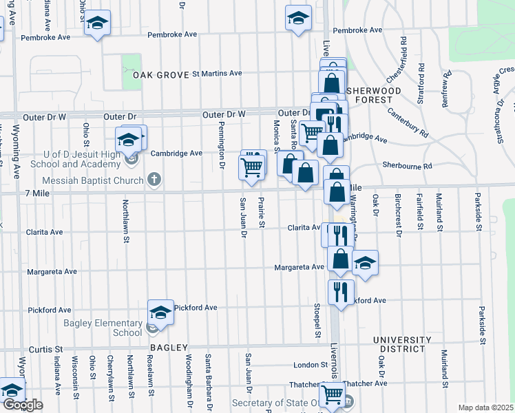 map of restaurants, bars, coffee shops, grocery stores, and more near 18971 Prairie Street in Detroit