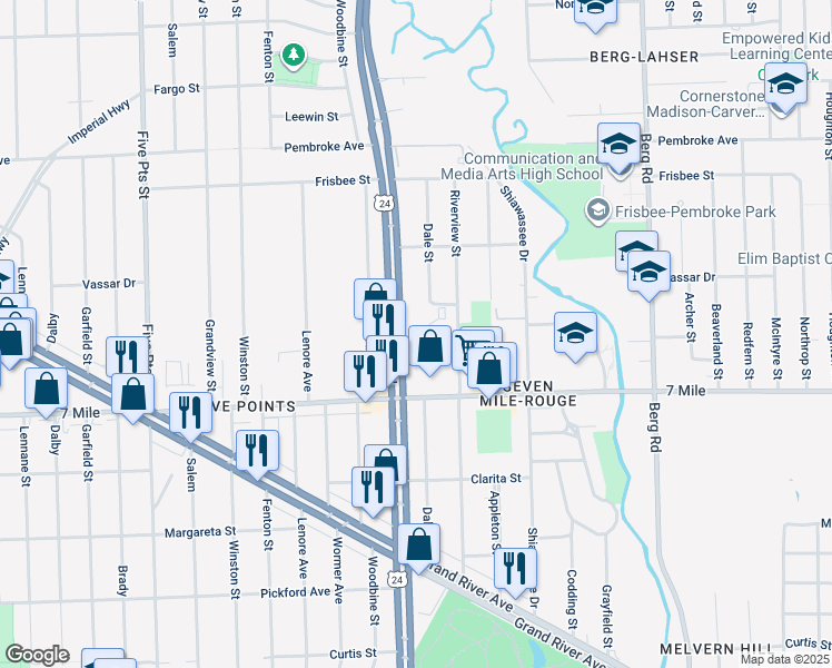 map of restaurants, bars, coffee shops, grocery stores, and more near 19248 Telegraph Road in Detroit
