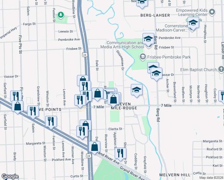 map of restaurants, bars, coffee shops, grocery stores, and more near 19209 Appleton Street in Detroit